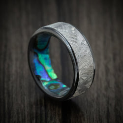 Black Titanium Men's Ring with Gibeon Meteorite Inlay and Abalone Sleeve Custom Made Band