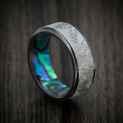 Black Titanium or Black Zirconium Custom Men's Ring with Gibeon Meteorite Inlay and Abalone Sleeve