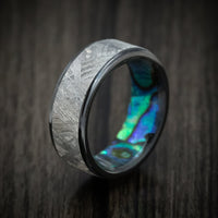 Black Titanium Men's Ring with Gibeon Meteorite Inlay and Abalone Sleeve Custom Made Band