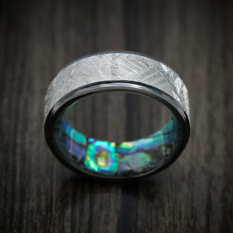 Black Zirconium Men's Ring with Gibeon Meteorite Inlay and Abalone Sleeve Custom Made Band