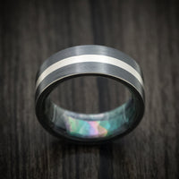 Black Titanium Men's Ring with Silver Inlay and Black Mother of Pearl Sleeve Custom Made Band