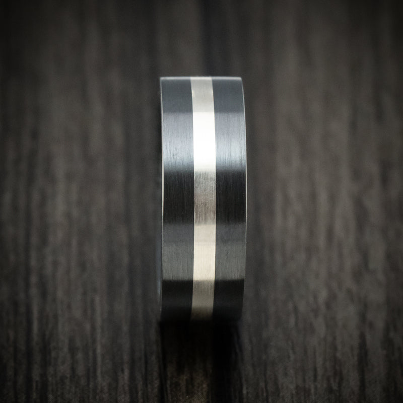 Black Zirconium Men's Ring with Silver Inlay and Black Mother of Pearl Sleeve Custom Made Band