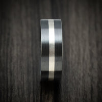Black Titanium Men's Ring with Silver Inlay and Black Mother of Pearl Sleeve Custom Made Band