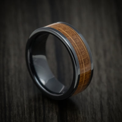 Black Ceramic and Whiskey Barrel Wood Inlay Custom Men's Ring