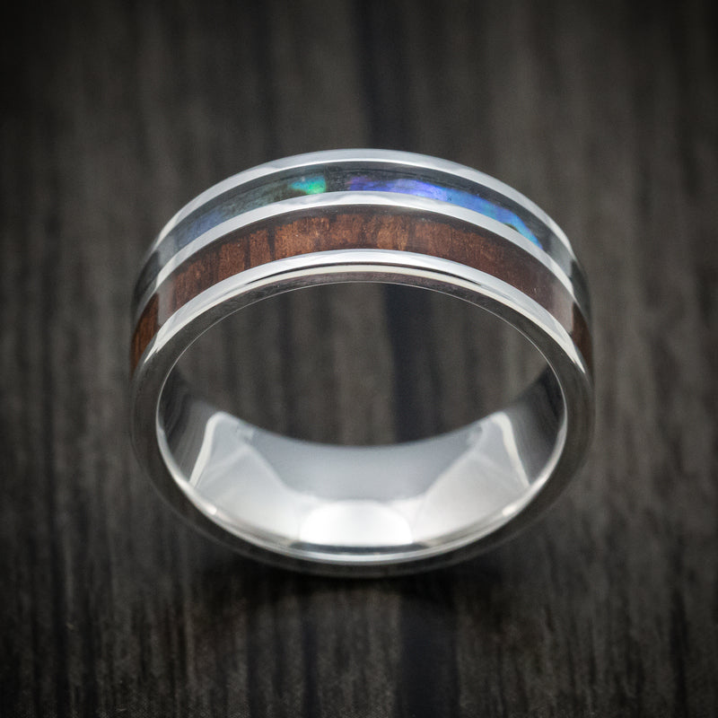 Cobalt Chrome Men's Ring with Koa Wood and Abalone Inlays Custom Made Band