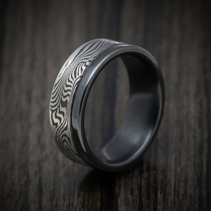 Black Zirconium and Sunset Kuro Damascus Steel Men's Ring Custom Made Band