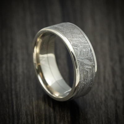 White Gold Men's Ring with Gibeon Meteorite Inlay Custom Made Band