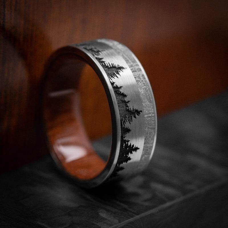 Titanium Men's Ring with Spruce Pine Tree Design, Wood Sleeve and Gibeon Meteorite Inlay Custom Made Band