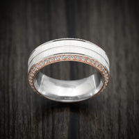 14K Two-Tone Rose and White Gold Men's Ring with Eternity Diamonds Beveled Edges