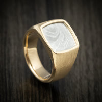 14K Gold and Tightweave Kuro Damascus Steel Signet Men's Ring Custom Made Band