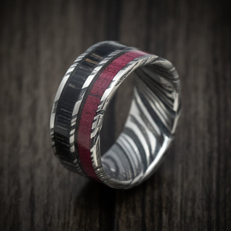 Kuro Damascus Steel Men's Ring with Dual Wood Inlays Custom Made Band