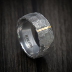 Damascus Steel Men's Ring With Rock Hammer Finish And Vertical 14k Gold Inlay Custom Made Band