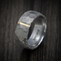 Damascus Steel Men's Ring With Rock Hammer Finish And Vertical 14k Gold Inlay Custom Made Band