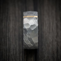 Damascus Steel Men's Ring With Rock Hammer Finish And Vertical 14k Gold Inlay Custom Made Band