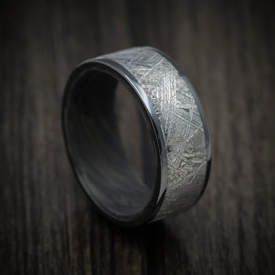Black Titanium or Black Zirconium Custom Men's Ring with a Gibeon Meteorite Inlay and Forged Carbon Fiber Sleeve