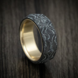 Two-Tone Marbled and Faceted Carbon Fiber Men's Ring with Brass Sleeve Custom Made Band