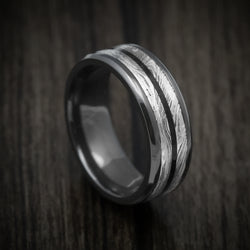 Black Zirconium Men's Ring with Marble Kuro Damascus Steel and Onyx Stone Inlay Custom Made