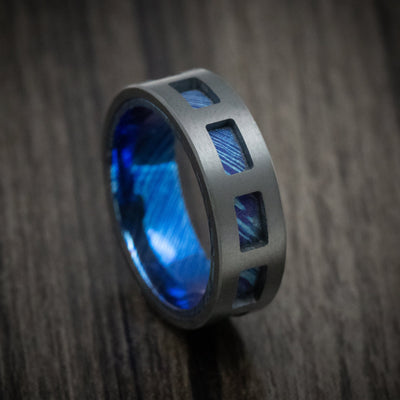 Black Titanium and Kuro-Ti Heat-Treated Titanium Damascus Cut-Through Window Men's Ring Custom Made