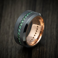 Black Zirconium and Green Diamond Men's Ring with 14K Gold Sleeve Custom Made Band