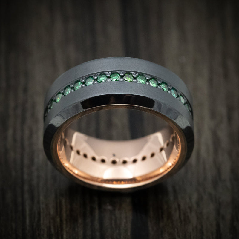 Black Titanium and Green Diamond Men's Ring with 14K Gold Sleeve Custom Made Band