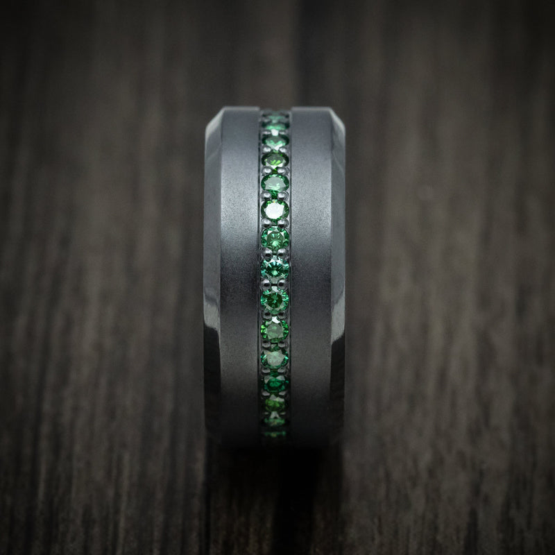 Black Titanium and Green Diamond Men's Ring with 14K Gold Sleeve Custom Made Band