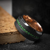 Black Zirconium and Green Diamond Men's Ring with 14K Gold Sleeve Custom Made Band