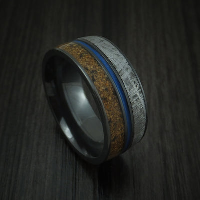 Black Zirconium Mixed Dinosaur Bone And Gibeon Meteorite Ring With Cerakote Inlay Custom Made Fossil Band