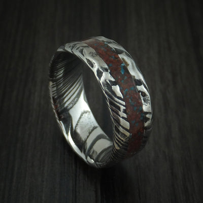 Kuro Damascus Steel And Red Dinosaur Bone with Turquoise Rock Hammered Ring Custom Made Fossil Band