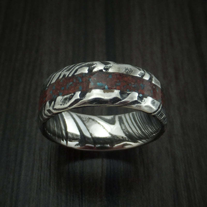 Kuro Damascus Steel And Red Dinosaur Bone with Turquoise Rock Hammered Ring Custom Made Fossil Band