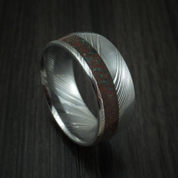 Damascus Steel And Red Dinosaur Bone with Malachite Ring Custom Made Fossil Band