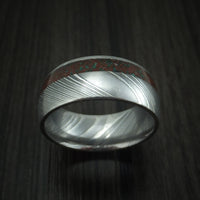 Damascus Steel And Red Dinosaur Bone with Malachite Ring Custom Made Fossil Band