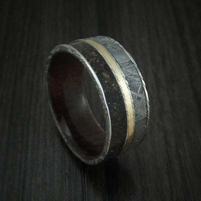Kuro Damascus Steel Mixed Dinosaur Bone And Gibeon Meteorite Ring With Kauri Wood Sleeve And 14K Yellow Gold Inlay Custom Made Fossil Band