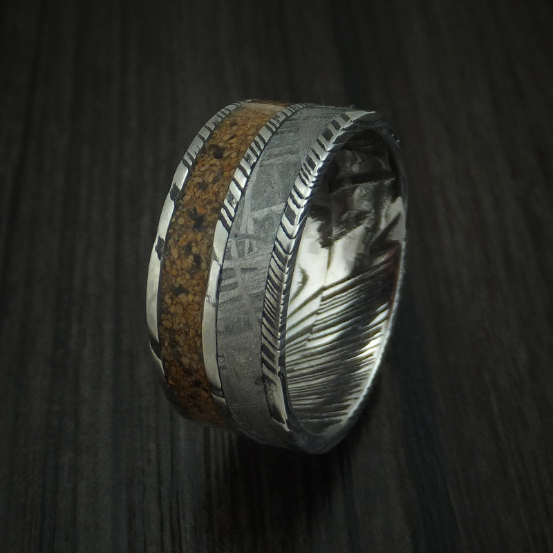 Kuro Damascus Steel Mixed Dinosaur Bone And Gibeon Meteorite Ring Custom Made Fossil Band