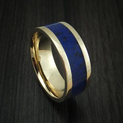 14K Yellow Gold Lapis with Black Dinosaur Bone Ring Custom Made Fossil Band