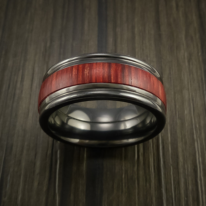 Wood Ring and BLACK Titanium Ring inlaid with COCOBOLO WOOD Custom Made to Any Size and Optional Wood Types