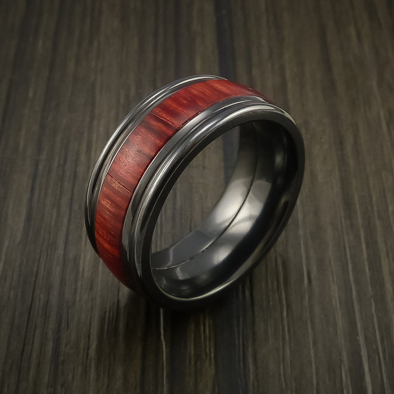 Wood Ring and BLACK Titanium Ring inlaid with COCOBOLO WOOD Custom Made to Any Size and Optional Wood Types