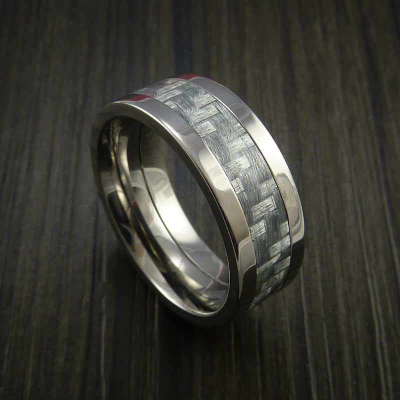 Titanium Ring with Silver Texalium Inlay with Carbon Fiber Style Weave Pattern