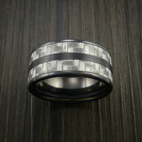 Black Titanium Ring with Silver Texalium Inlay with Carbon Fiber Style Weave Pattern