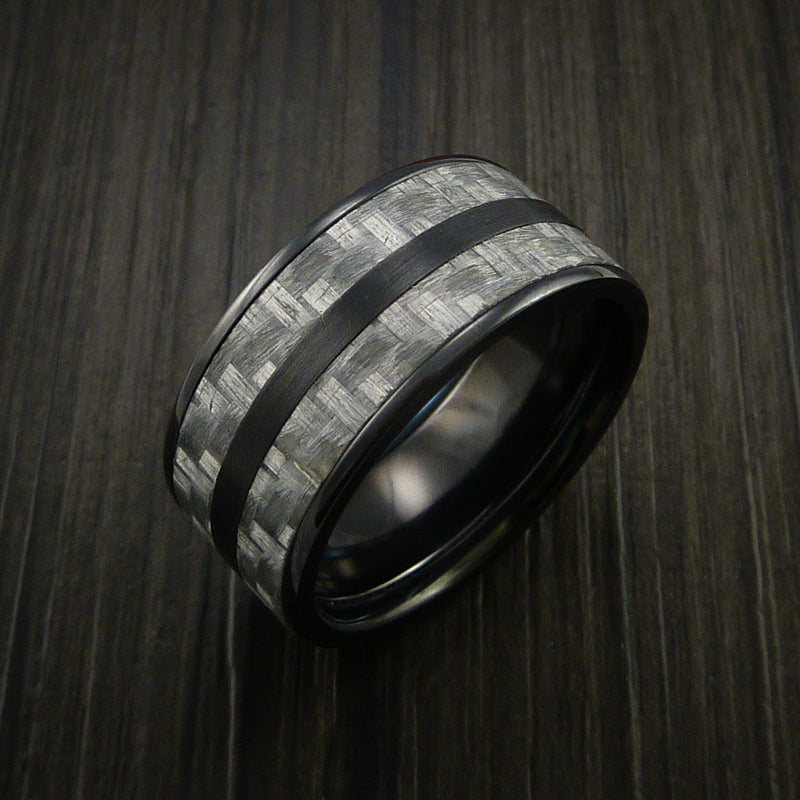 Black Titanium Ring with Silver Texalium Inlay with Carbon Fiber Style Weave Pattern