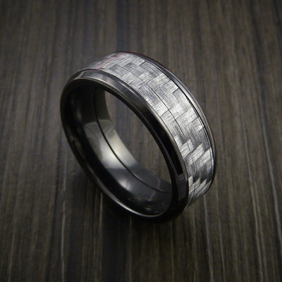 Black Titanium Ring with Silver Texalium Inlay with Carbon Fiber Style Weave Pattern