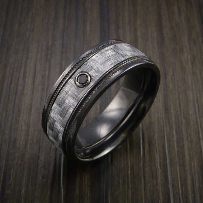 Texalium Carbon Fiber Ring with Black Diamond Custom Made with Black Zirconium Band