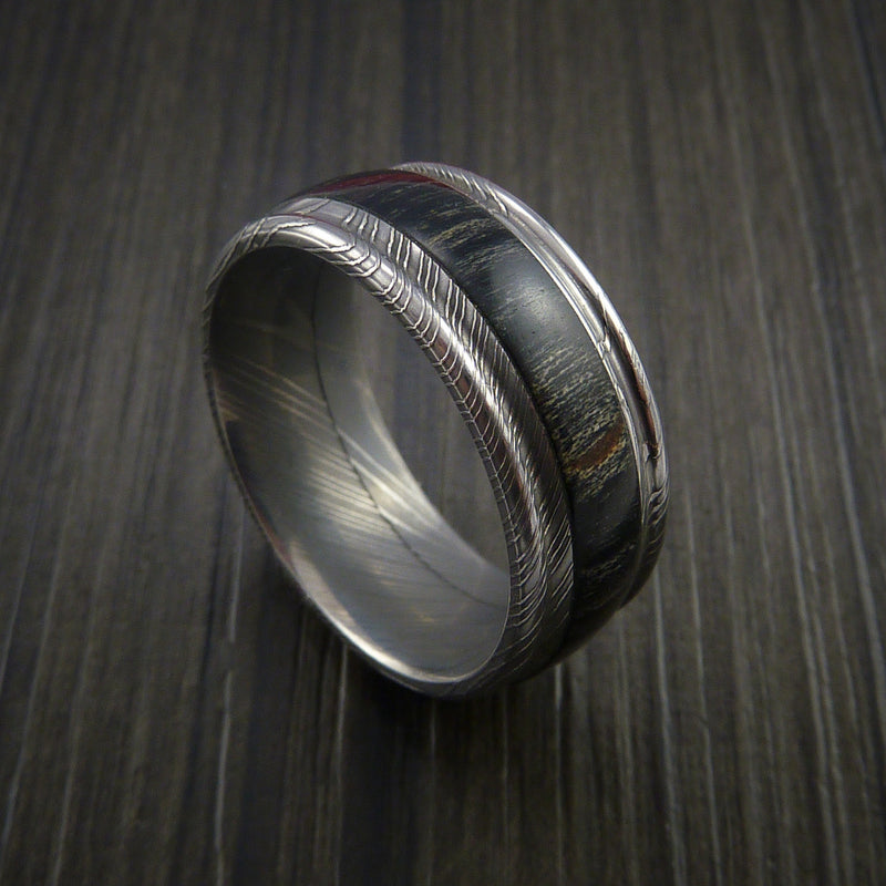 Damascus Steel Men's Ring with Wood Inlay Custom Made Wedding Band