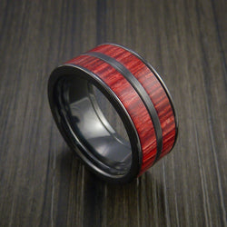Wood Ring and BLACK Titanium Ring inlaid with Red Heart Wood Custom Made to Any Size