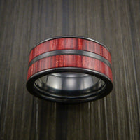 Wood Ring and BLACK Titanium Ring inlaid with Red Heart Wood Custom Made to Any Size