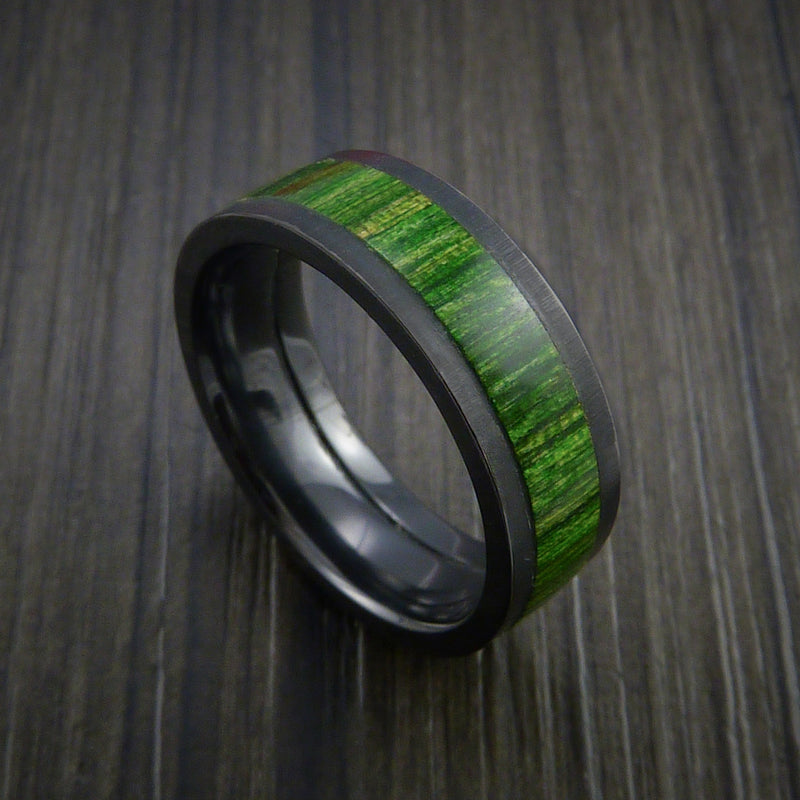 Wood Ring and Black Zirconium Ring inlaid with JADE GREEN WOOD Custom Made to Any Size and Optional Wood Types