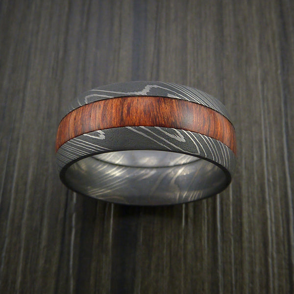 Customized Blue Dyed Wood Inlay Liner Flat Damascus Steel Ring Handmade  Wooden