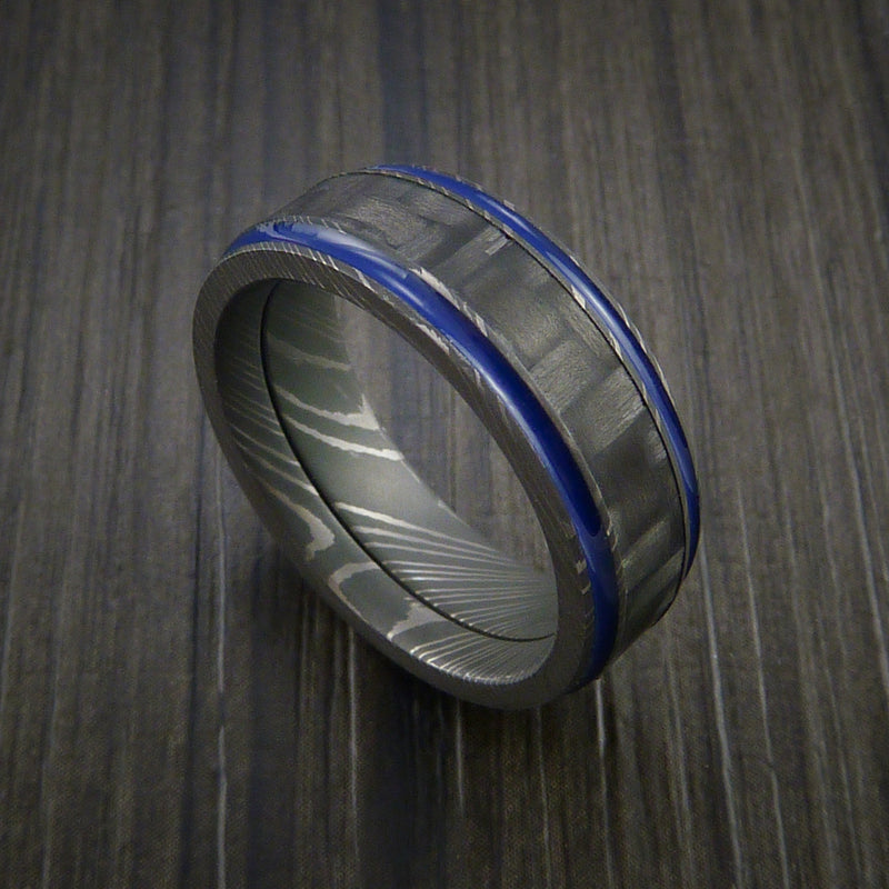 Carbon Fiber Damascus Steel Ring with Optional Color Inlay
