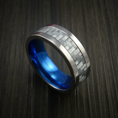 Titanium Ring with Silver Texalium Inlay with Carbon Fiber Style Weave Pattern and Anodized Interior