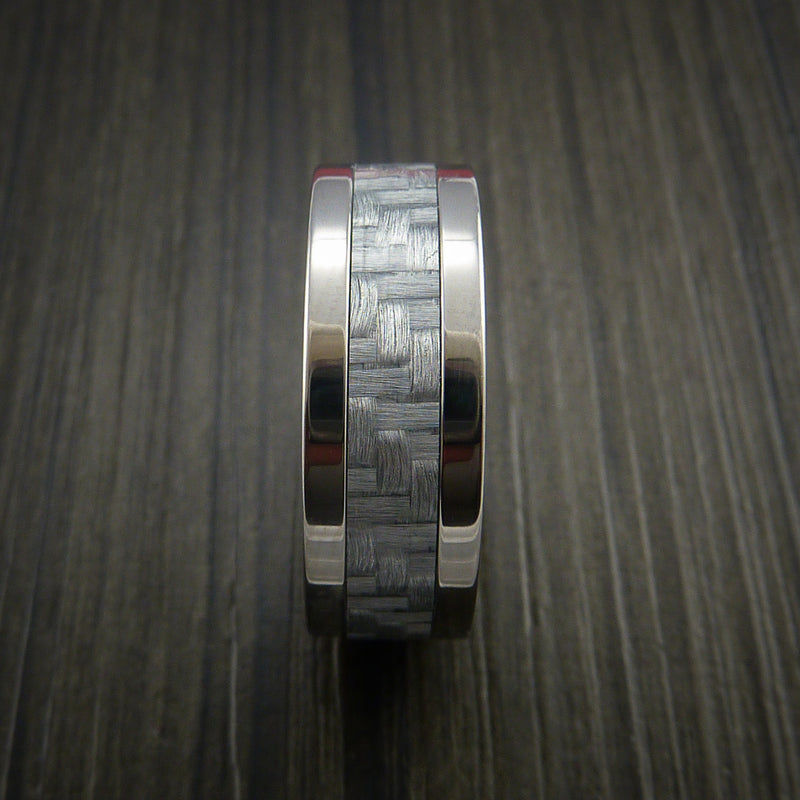 Titanium Ring with Silver Texalium Inlay with Carbon Fiber Style Weave Pattern and Anodized Interior