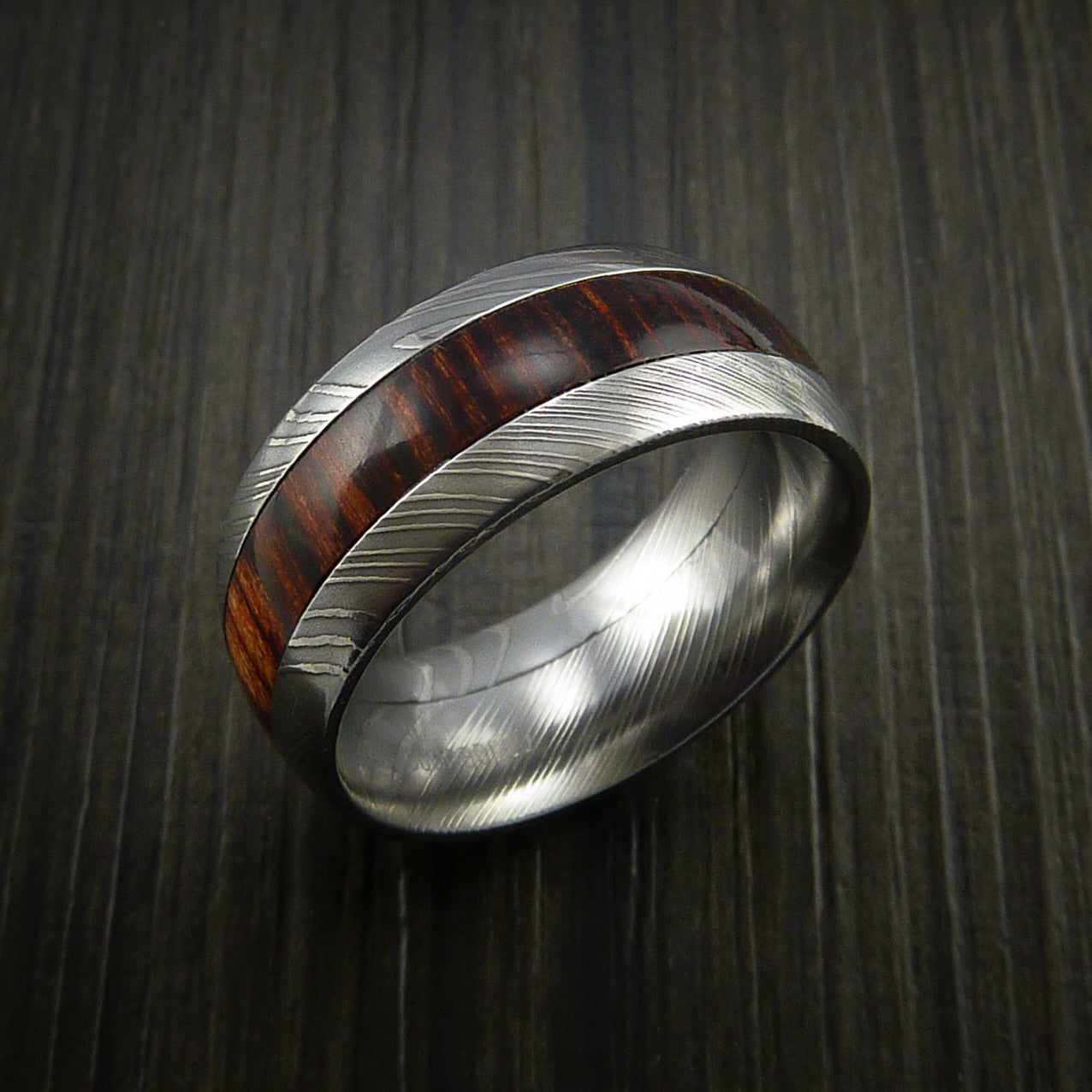 Wood Men's Ring and Damascus Men's Ring inlaid with Hardwood Inlay Cus ...